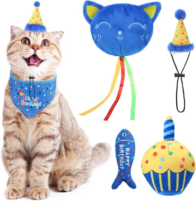 BINGPET Cat Birthday Catnip Toys for Indoor Cats,Cat Birthday Hat,Bandana and Cat Birthday Cake Interactive Plush Kitten Chew Toys,Cute Fish,Balloon Toys with Crinkle Paper and Catnip Inside(Blue)-Mewly Pet