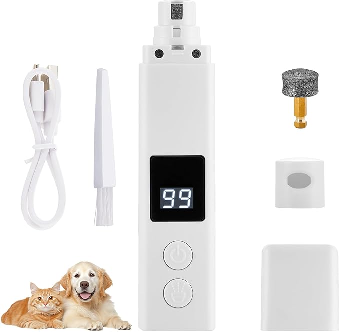 Dog Nail Grinder with 4-Speeds,Pet Claw Trimmers with 2 Modes Lighting UV, Nail Clippers for Small Medium and Large Dogs and Cats, Animal Nail Care,Grooming (White)-Mewly Pet