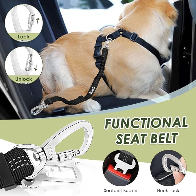 SlowTon Dog Seat Belt Harness for Car, Dog Car Harness Adjustable Mesh Breathable & Dog Seatbelt Safety Tether with Elastic Bungee for Small Medium Large Pets(Lime, Double Clip, XXXS)-Mewly Pet