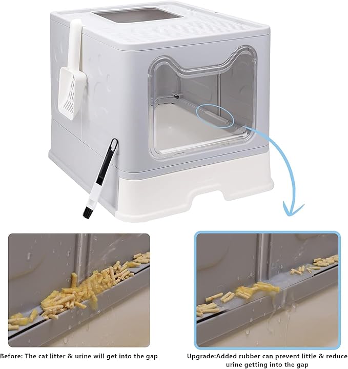 Foldable Cat Litter Box with Lid, Enclosed Potty, Large Top Entry Anti-Splashing Toilet, Easy to Clean Including Litter Scoop and 2-in-1 Cleaning Brush (Grey)-Mewly Pet