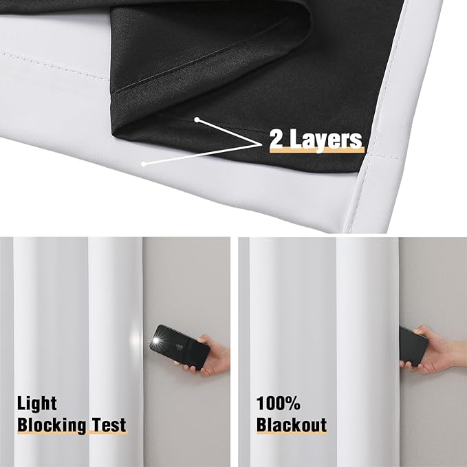 ChrisDowa White 100% Blackout Curtains for Bedroom with Black Liner, 2 Thick Layers Total Blackout Thermal Insulated Grommet Long Window Curtains 2 Panels Set (Pure White, 52 x 95 Inch)