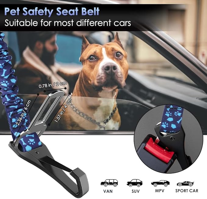 SlowTon Dog Seat Belt, Adjustable Dog Safety Belt Leash, 2 in 1 Latch Bar Attachment Dogs Car Seatbelt with Elastic Nylon Bungee Buffer, Reflective Nylon Belt Tether (BL,35.5in)-Mewly Pet