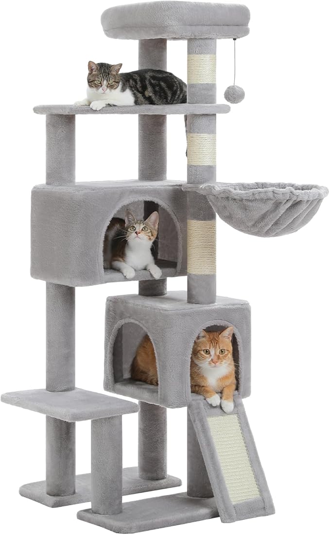 PAWZ Road Cat Tree, 51.6 Inches Cat Tower with Dual Condos, Spacious Perch, Cozy Basket and Sisal-Covered Scratching Posts for Indoor Cats- Gray-Mewly Pet