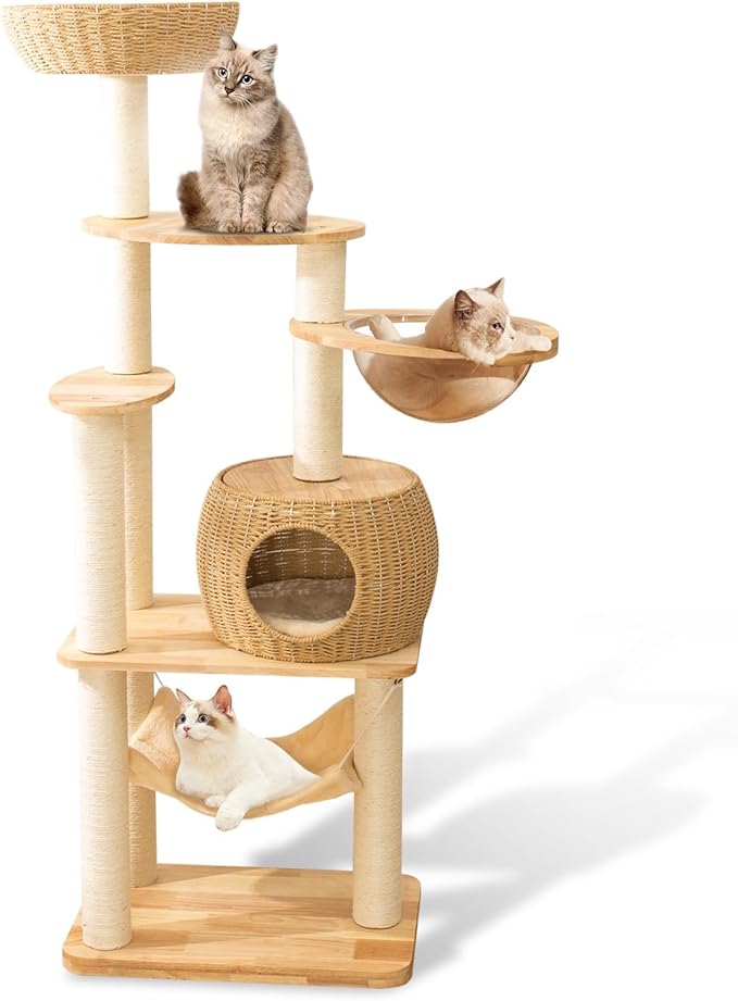 59" Big Modern Cat Tree Tower, Cat Tower Sisal-Covered Scratching Posts for Indoor Cats, Oak Wood Cat Tree for Large Cats, Multi-Level Cat Condo with Space Capsule Nest, Cat Furniture Activity Centre-Mewly Pet