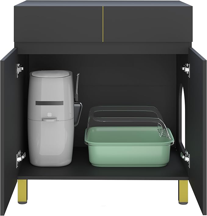 Large/Tall Litter Box Enclosure, Modern Wooden Litter Box Furniture for XL Litterbox with Drawer as Sideboard Cabinet (Black)-Mewly Pet