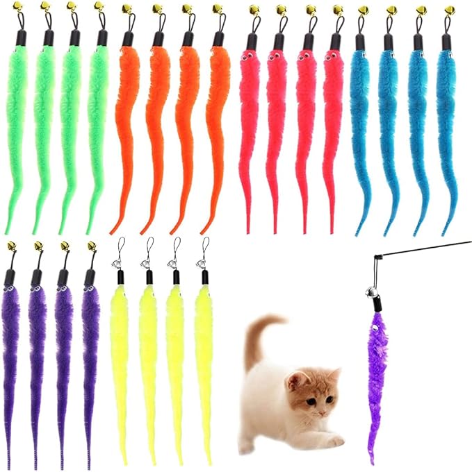 24 PCS Cat Worm Toy Refills Cat Wand Toy Replacement Interactive Wand Accessories Feather Worm Teaser Refills Attachment-Mewly Pet
