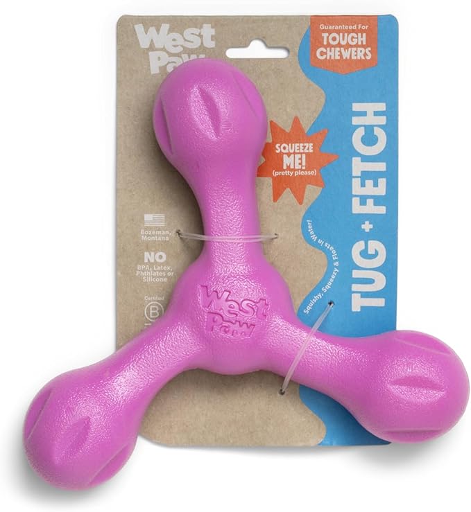 WEST PAW Zogoflex Air Skamp Tug-of-War Stick Dog Chew Toy – Hollow, Squishy Interactive Toy for Dogs, Puppies – for Chewing, Catch, Carry, Fetch, Dishwasher Safe, Latex-Free, Large 8.5", Hot Pink-Mewly Pet