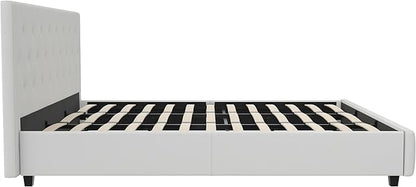 DHP Dakota Upholstered Platform Bed with Diamond Button Tufted Headboard and Footboard, No Box Spring Needed, King, White Faux Leather