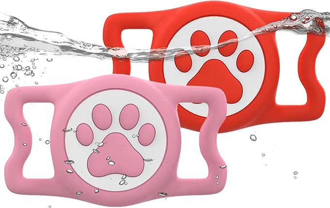 IP68 Waterpoof Dog Airtag Holder, Stretchy Silicone Full Body Covered Apple Air Tag Holder for Dog Cat Collar Fit All Width Collar (Pink/Red, 2 Pack)-Mewly Pet