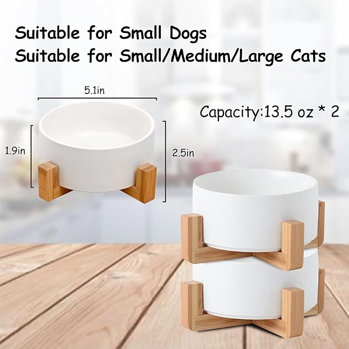 Petygooing White Ceramic Cat Dog Bowl Set with Stand,Small Dog Bowls,Pet Food and Water Dish, Anti Slip Set of 2 Cat Bowls Pet Food Bowl- Pet Dish Small Size Pet (13.5OZ/5.1 in)-Mewly Pet