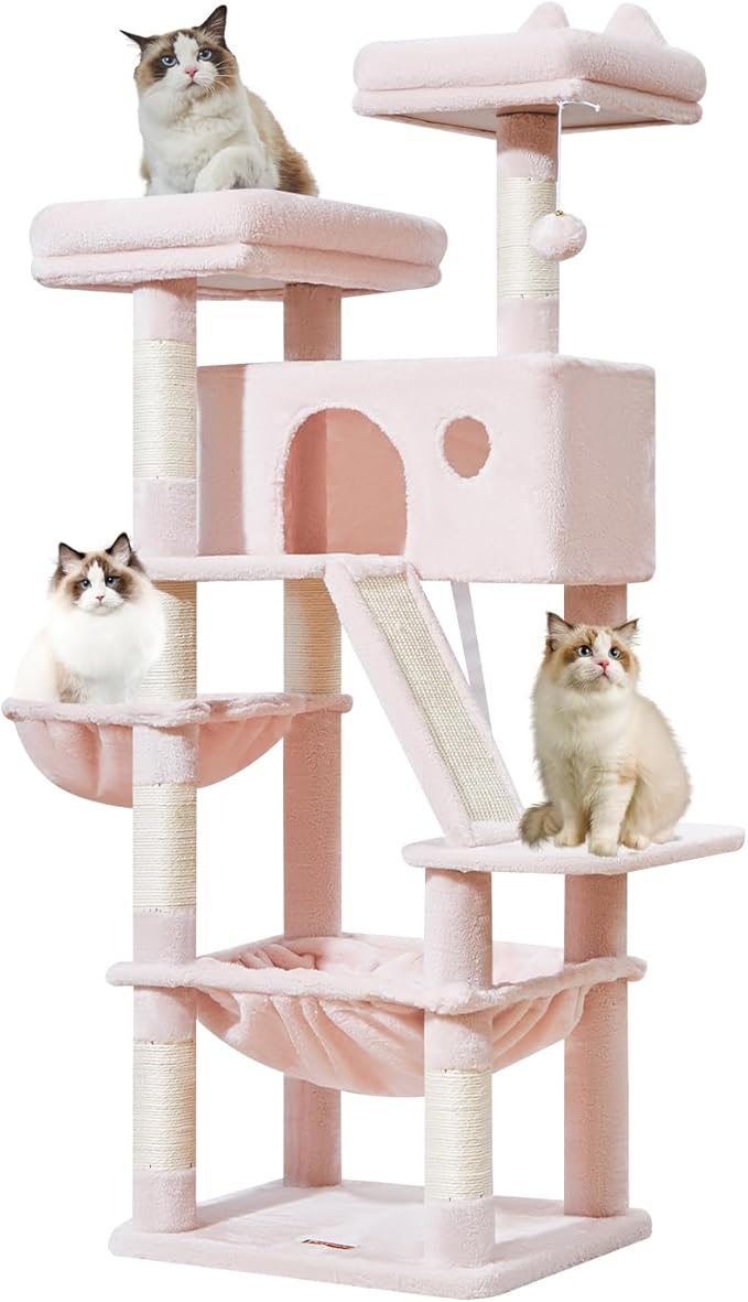 Taoqimiao Cat Tree 57.5-Inch, Cat Tower for Indoor Cats Large Adult, Extra Large Cat Condo, 8 Sisal Scratching Posts, Metal Frame Cozy Hammock, Durable Scratch Board, 2 Top Perches, Jelly Pink MS026P-Mewly Pet