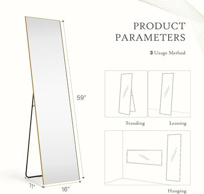 DUMOS Wall-Mounted Full Length Mirror 59"x 17" for Bedroom, Full Body Floor Mirror with Stand, Hanging or Leaning for Wall, Gold