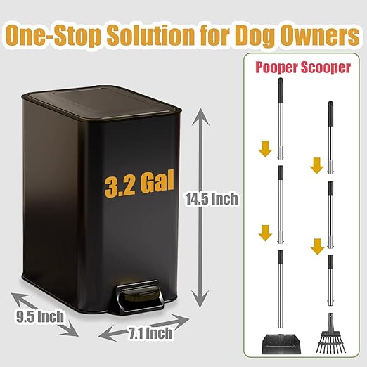 Metal Dog Pooper Scooper for Yard - 3.2Gal Dog Poop Trash Can Outside with Pedal - Pet Waste Container Outdoor - Stainless Steel Garbage Bucket with Lid - Black Trash Bin, Long Handle Tray and Rake-Mewly Pet
