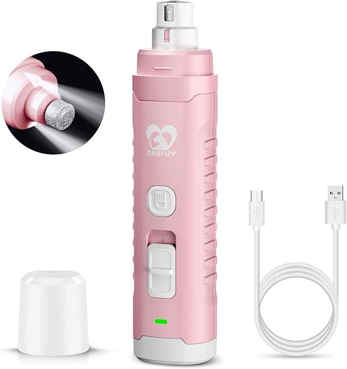 Casfuy Dog Nail Grinder with 2 LED Light for Large Medium Small Dogs - 3X More Powerful 2-Speed Electric Pet Nail Trimmer Rechargeable Quiet Painless Paws Grooming & Smoothing Tool-Mewly Pet