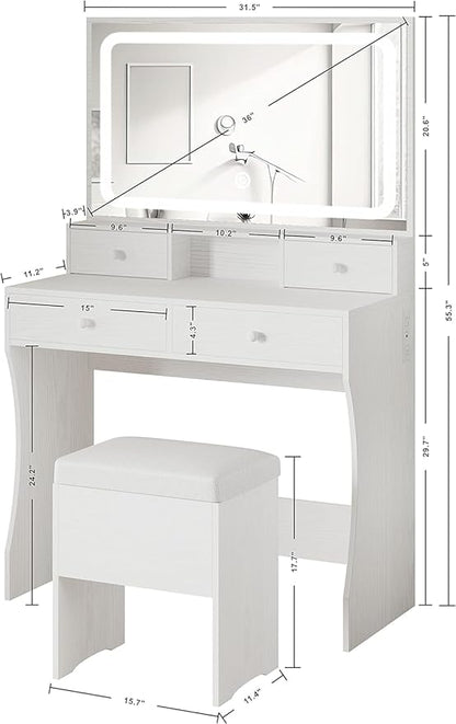 IRONCK Vanity Desk with LED Lighted Mirror & Power Outlet, Makeup Vanities Table with 4 Drawers,Storage Bench,Dressing Table for Bedroom White