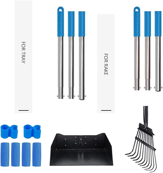 QiMH Upgraded Dog Pooper Scooper Extra Large, Adjustable Long Handle Stainless Metal Pet Poop Tray and Rake Set for Large Medium Small Dogs, Dog Waste Removal Bin Rake, Great for Grass, Street, Gravel-Mewly Pet