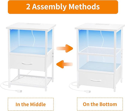Fixwal Night Stand with Charging Station, LED Nightstand with Fabric Drawers, End Table with PU Finish, Bed Side Table, White