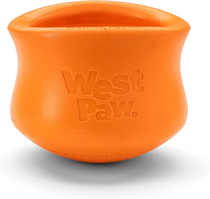 West Paw Zogoflex Toppl Treat Dispensing Dog Toy Puzzle – Interactive Chew Toys for Dogs – Dog Toy for Moderate Chewers, Fetch, Catch – Holds Kibble, Treats, Large 4", Tangerine-Mewly Pet