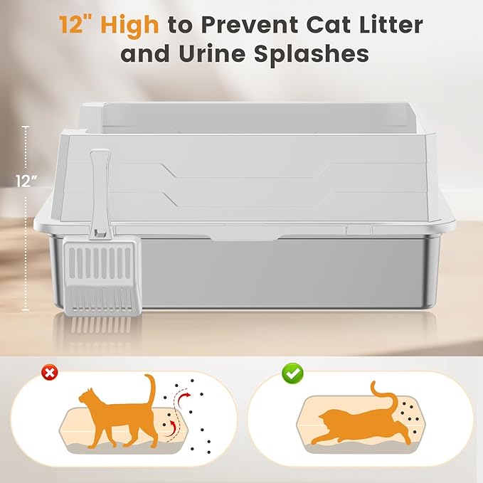 XXXL Stainless Steel Litter Box,Extra Large 28" L x 20" W Metal Litter Box for Big Cats & Multiple Cats with High Sided, Anti-Urine Leakage, Non-Sticky, Easy Cleaning, Include Scoop(White-Mewly Pet
