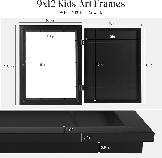 [3Pack] Kids Art Frames, 9x12 Front Opening Kids Artwork Frames Changeable, Black Artwork Display Storage Frame for Wall, Holds 50 Pcs, for 3D Picture, Crafts, Children Drawing, Hanging Art, Portfolio