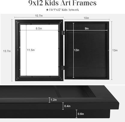 [3Pack] Kids Art Frames, 9x12 Front Opening Kids Artwork Frames Changeable, Black Artwork Display Storage Frame for Wall, Holds 50 Pcs, for 3D Picture, Crafts, Children Drawing, Hanging Art, Portfolio