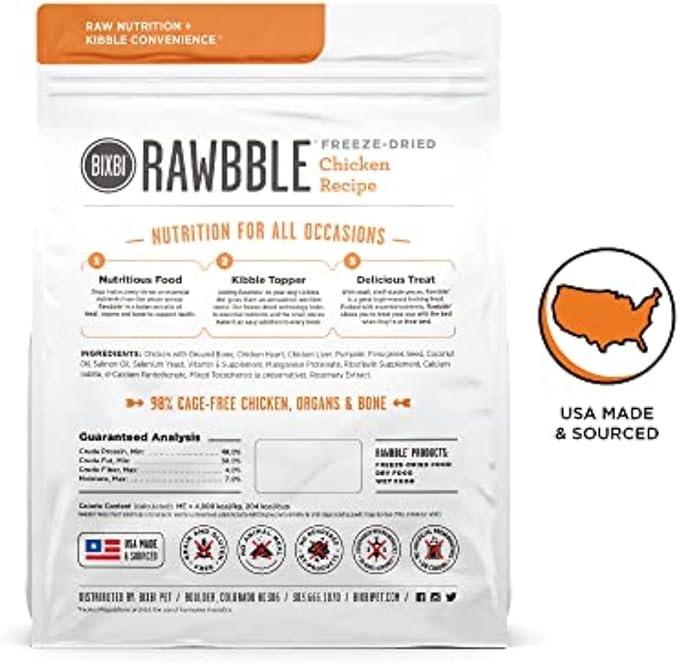 BIXBI Rawbble Freeze Dried Dog Food, Chicken Recipe, 26 oz - 98% Meat and Organs, No Fillers - Pantry-Friendly Raw Dog Food for Meal, Treat or Food Topper - USA Made in Small Batches-Mewly Pet