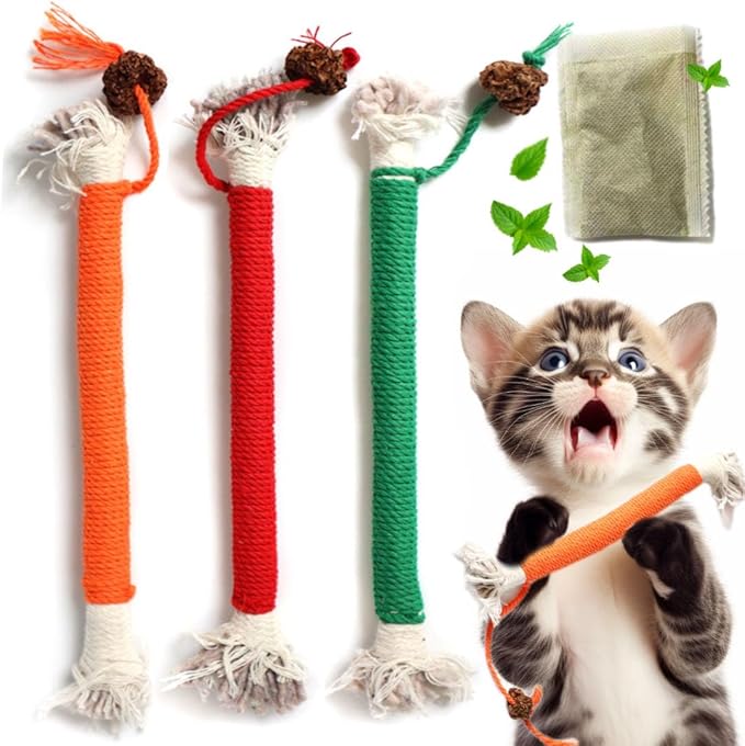 Kitten Toys, Cat Chew Toy for Indoor Cats, Catnip Toys for Teeth Cleaning, Interactive Cat Nip Teething Rope Toys for Cats Kitty, 3 Pack (Include 1 Pack of Catnip)-Mewly Pet