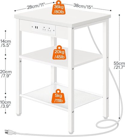 HOOBRO Side Tables Set of 2 with Charging Station and USB Ports, Small End Tables for Small Space, 3-Tier Nightstands with Adjustable Shelf, for Living Room, Bedroom and Balcony, White WW112BZP201