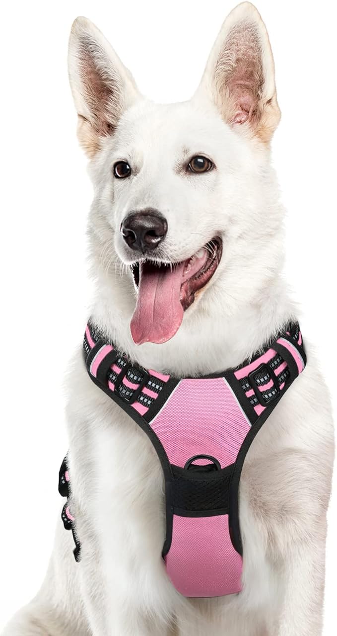 Eagloo Dog Harness Large Breed, No Pull Service Vest with Reflective Strips and Control Handle, Adjustable and Comfortable for Easy Walking, No Choke Pet Harness with 2 Metal Rings, Pink, XL-Mewly Pet