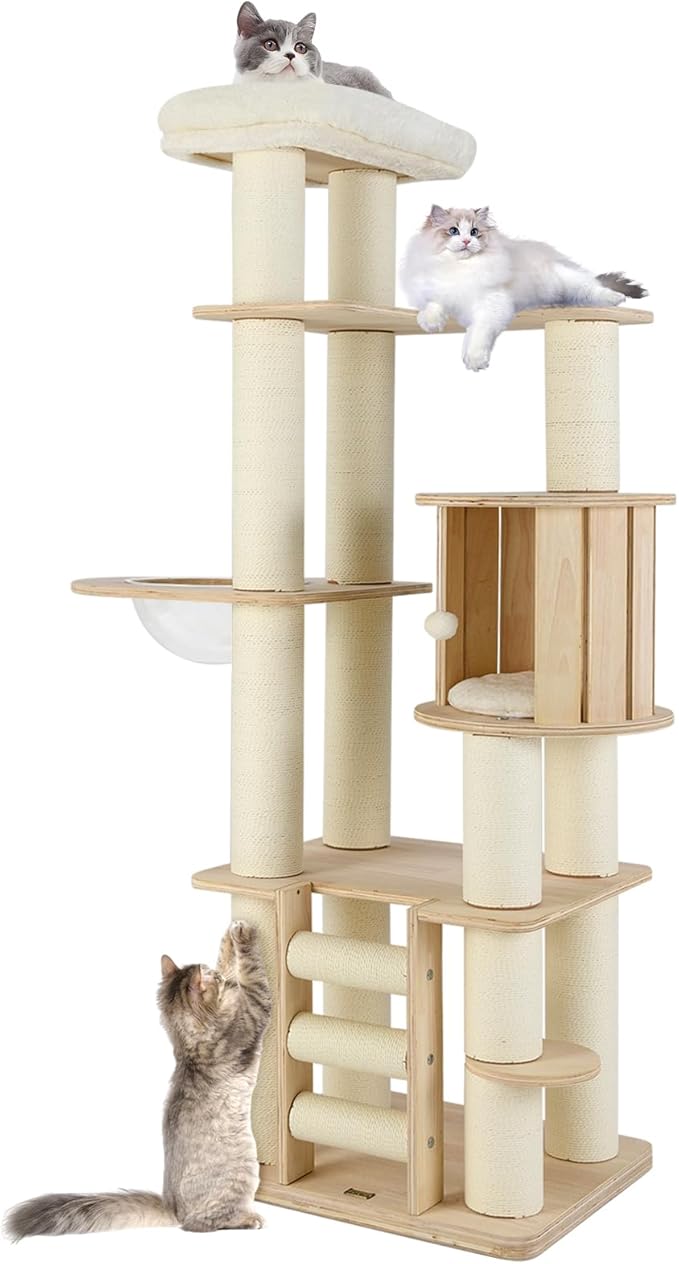 Tangkula 71” Tall Cat Tree, Multi-Layer Wood Cat Tower with Scratching Posts, Perch, Condo, Space Capsule, Ladder, Dangling Ball, Washable Cushions, Modern Cat Tree Tower for Indoor Cats Large Adult-Mewly Pet