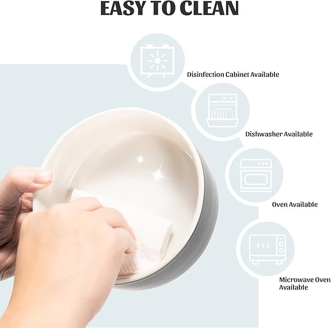 SPUNKYJUNKY 15° Slanted Ceramic Dog and Cat Bowl with Wooden Stand, Tilted Bulldog Food and Water Bowl No Slip Non-Spill for Cats Medium Dogs Big Face Pets 28.7 OZ (3.6 Cups, White-Grey)-Mewly Pet