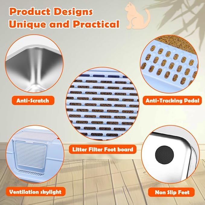 Vivifying Stainless Steel Litter Box with Lid, XL Side Entry Extra Large Litter Box for Big Cats & Kitty, Removable Enclosed Metal Cat Pan with High Sided Enclosure, Scoop, Mat, Footboard (Blue)-Mewly Pet