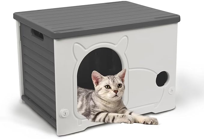 Plastic Outdoor Cat House Waterproof Feral Cat Shelter(Gray)-Mewly Pet