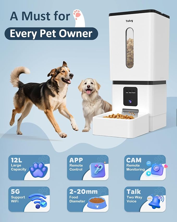 Automatic Dog Feeder Large Breed with Camera - 12L/50 Cups 5G WiFi App Control Dog Food Dispenser, Easy Setup, HD 1080P Video with Night Vision by Yakry-Mewly Pet