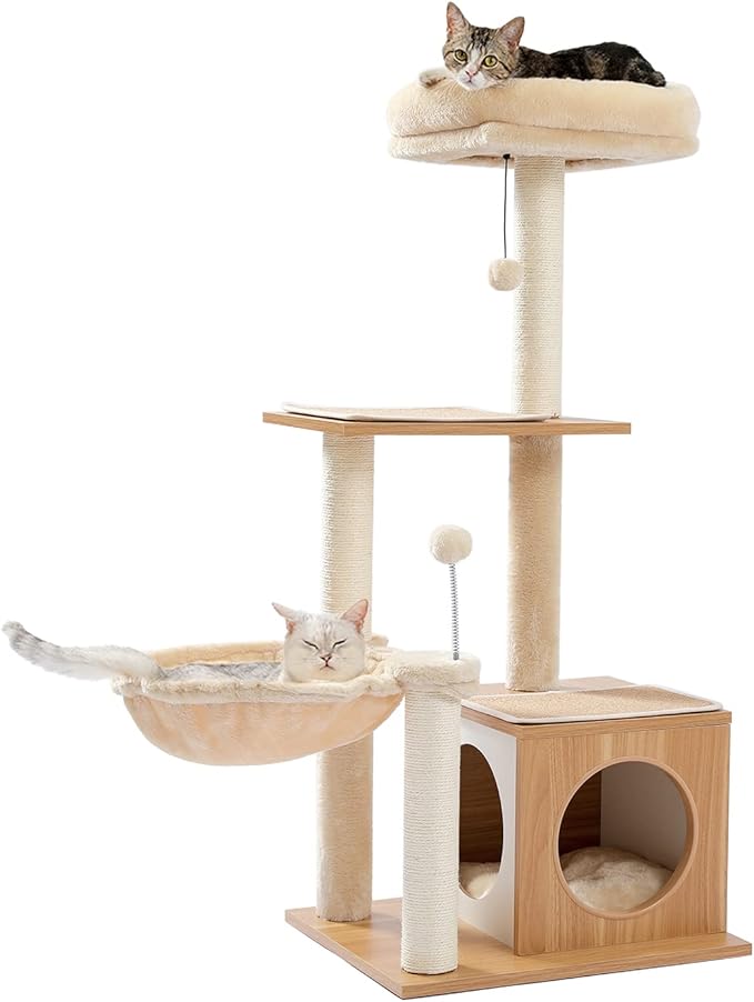 PEQULTI Cat Tree Modern Cat Tower for Indoor Cats,Multilevel Cat Play House with Large Condo, Spacious Hammock, Cozy Top Perch,Scratching Post and Dangling Balls-Mewly Pet