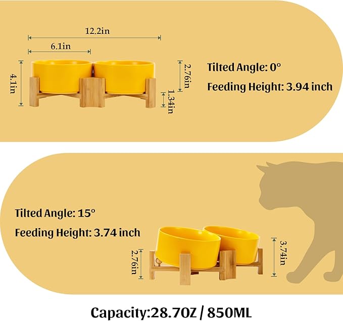 SPUNKYJUNKY 15° Slanted Ceramic Dog and Cat Bowl with Wooden Stand, Tilted Bulldog Food and Water Bowl No Slip Non-Spill for Cats Medium Dogs Big Face Pets 28.7 OZ (3.6 Cups, Yellow × 2)-Mewly Pet