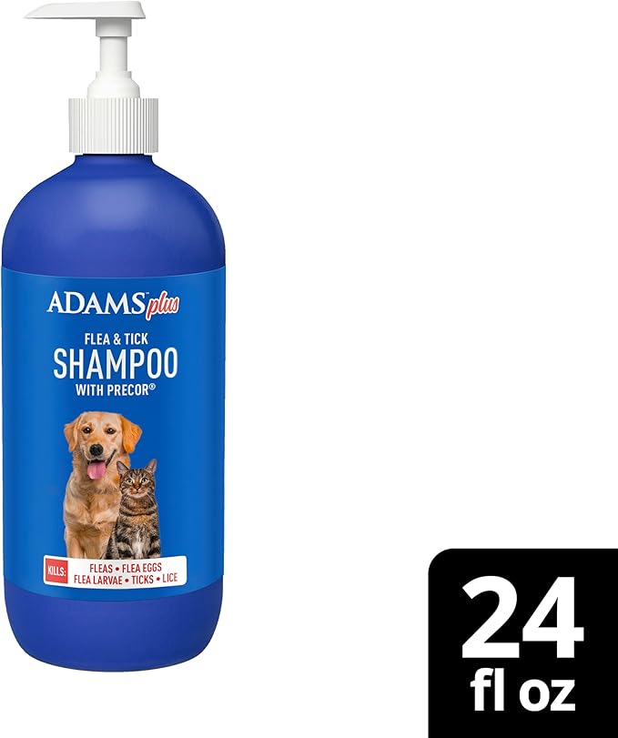 Adams Plus Flea & Tick Shampoo with Precor for Cats, Kittens, Dogs & Puppies Over 12 Weeks Of Age |Sensitive Skin Flea Treatment |Kills Adult Fleas, Flea Eggs, Ticks, and Lice |24 Oz, Pump Included-Mewly Pet