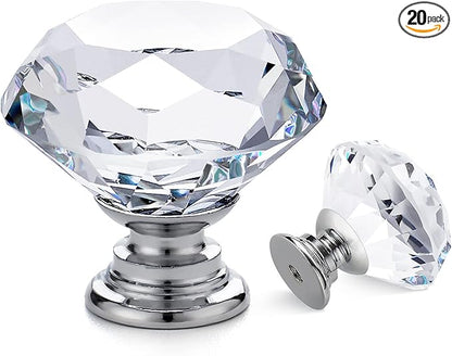 Ravinte 20 Pack Crystal Drawer Knobs - Glass Cabinet Knobs, Diamond Shaped, 30 mm, Silver Base