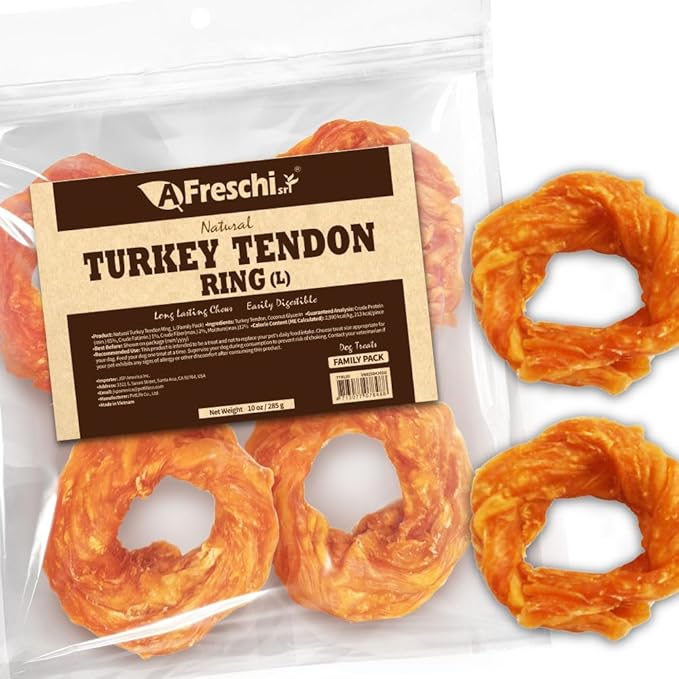 Afreschi Natural Turkey Tendon Ring (L) 10 oz, USA-Sourced Turkey Tendon, All Natural Puppy Chew, Hypoallergenic, Rawhide Alternative,for Large Breeds-Mewly Pet