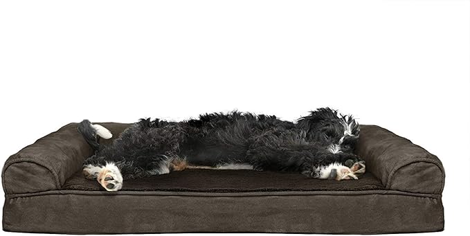 Furhaven Cooling Gel Dog Bed for Large/Medium Dogs w/ Removable Bolsters & Washable Cover, For Dogs Up to 55 lbs - Plush & Suede Sofa - Espresso, Large-Mewly Pet