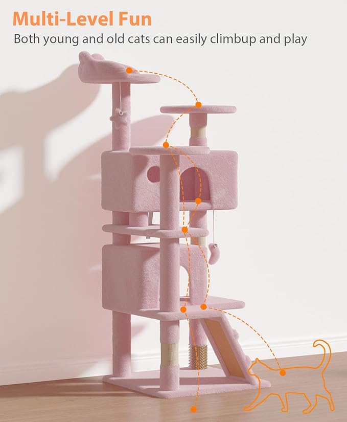 54" Cat tree Tower for Indoor Cats Large Adult,Cute/Tall Modern Cat Tree for Big Cats 20 lbs,Plush Multi-Level Cat Condo with Scratching Posts, Dangling Ball for fun play (Soft Pink, 54 inch)-Mewly Pet