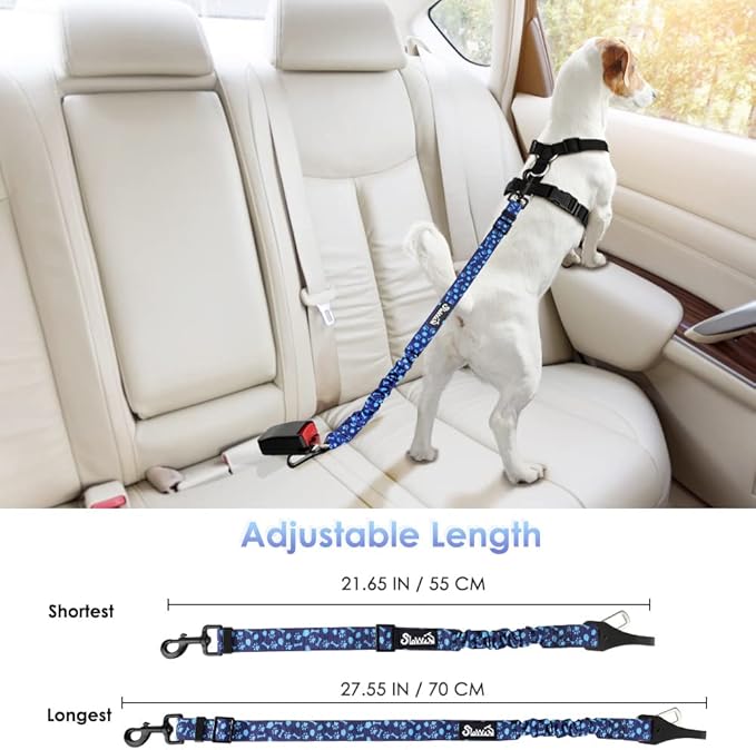 SlowTon Dog Seat Belt, Adjustable Dog Safety Belt Leash, 2 in 1 Latch Bar Attachment Dogs Car Seatbelt with Elastic Nylon Bungee Buffer, Reflective Nylon Belt Tether Connect (BL Dog Paw)-Mewly Pet