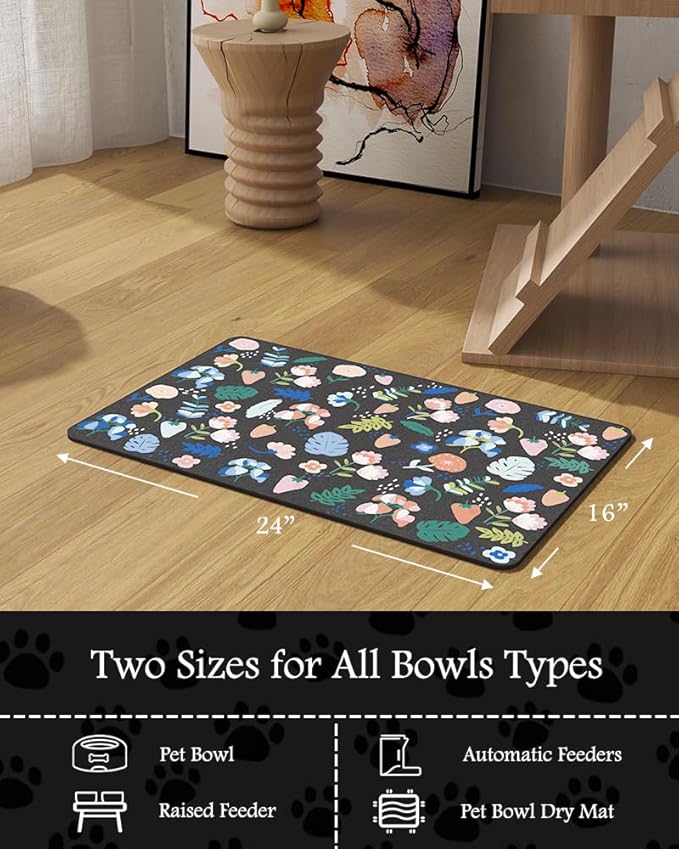 Pet Feeding Mat-Absorbent Dog Mat for Food and Water Bowl-No Stains Quick Dry Water Dispenser Mat-Dog Accessories Pet Supplies-Bowl for Messy Drinkers（DARKFLOWERS,16"x24"-Mewly Pet