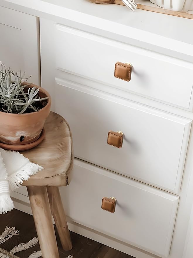 10 Pack Brown Leather Drawer Pulls Square Leather Handles Cabinet knobs for Kitchen Bathroom Cabinets Dressers Furniture Handles
