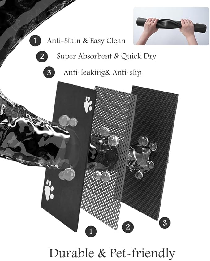Pet Feeding Mat-Absorbent Dog Mat for Food and Water Bowl-No Stains Quick Dry Water Dispenser Mat-Dog Accessories Pet Supplies-Bowl for Messy Drinkers（Black,12"x19"-Mewly Pet