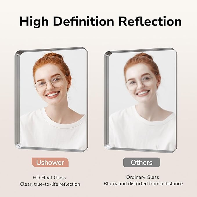 USHOWER Brushed Nickel Bathroom Mirror 30"x40", Silver Rectangle Mirror for Over Sink, Rounded Corner, Aluminum Frame, Anti-Rust, Tempered Glass, Horizontal or Vertical Mounted