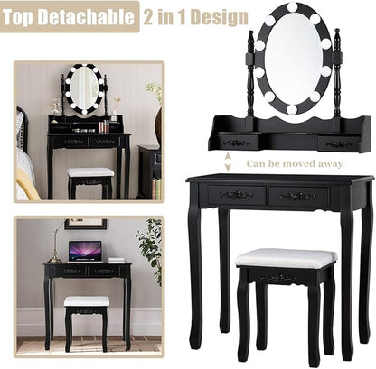 Giantex Makeup Vanity Table with 10 LED Lights, Adjustable Brightness, 4 Drawers, Rotatable Mirror, Cushioned Stool, Vanity Desk Dressing Table Bedroom Furniture (Black)