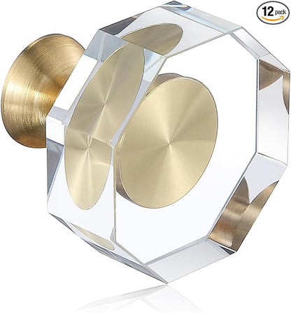 12-Pack 1-1/4-Inch Gold knob Dresser knobs White Cabinet Glass Crystal knobs Brass Drawer Polygonal Dresser Pulls, Drawer pulls