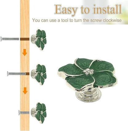 4 White Flower Petal Handles Kitchen Cabinet Drawer Knobs & Pulls (Green Screws)