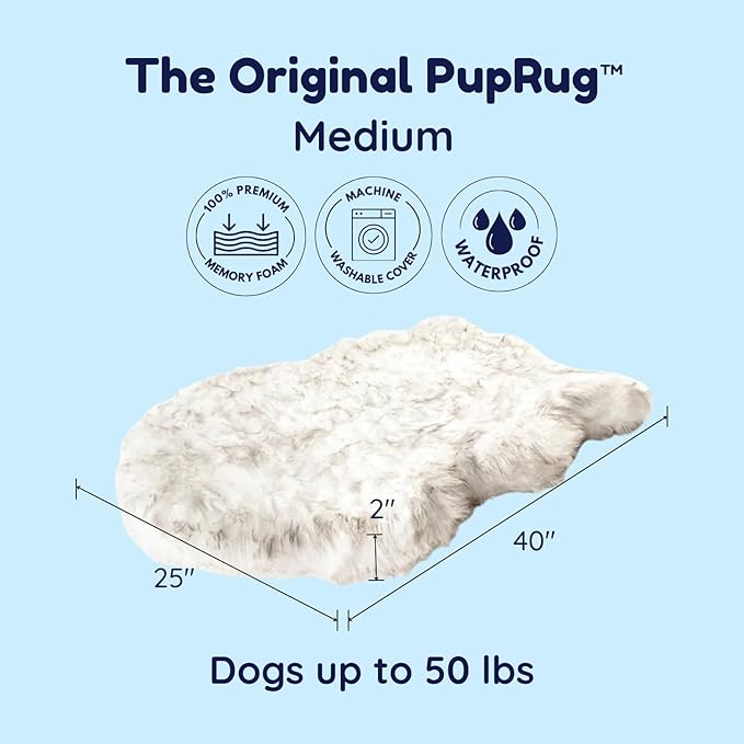 PupRug Orthopedic Dog Bed for Large Dogs with Fluffy Soft Faux Fur and Memory Foam for Joint Pain Relief, Machine Washable and Waterproof Couch Bed, White with Brown Accents, Medium-Mewly Pet